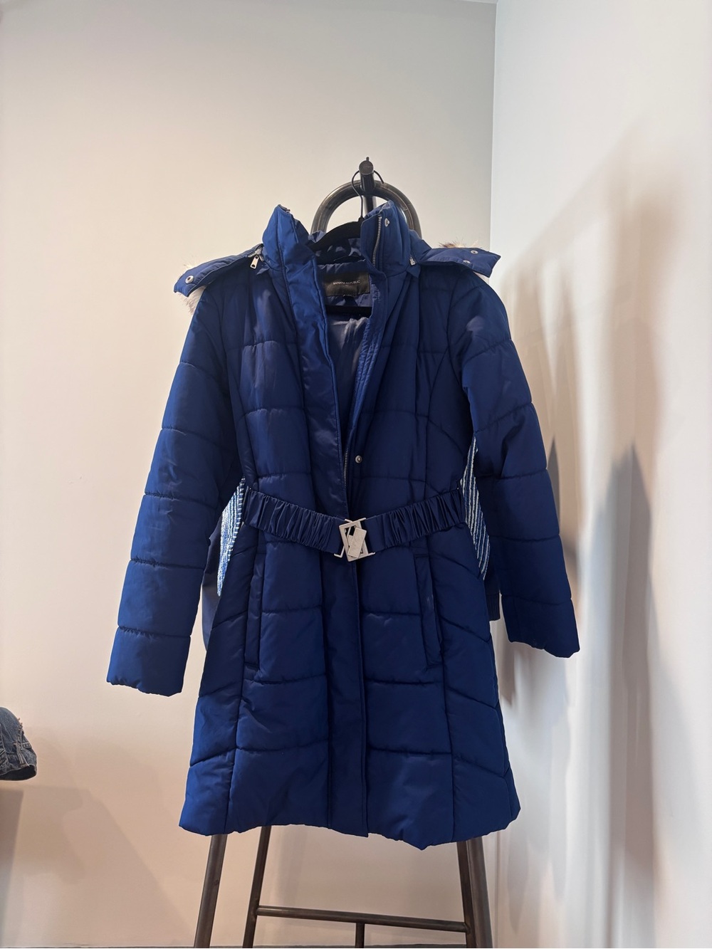 Royal Blue Quilted Puffer Coat with Belt